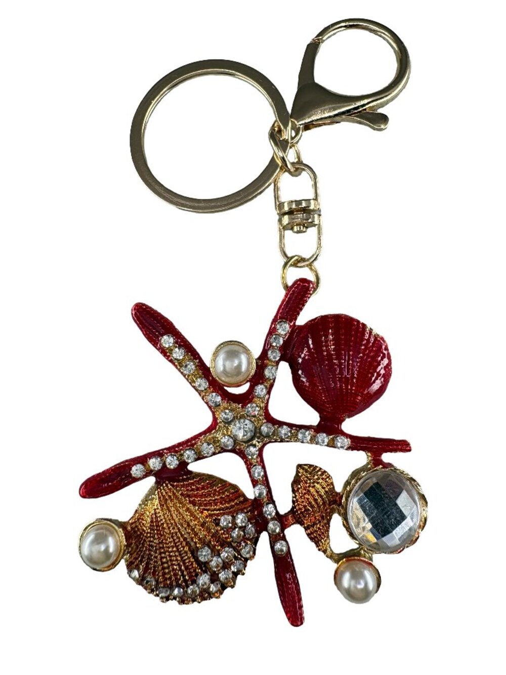 Metal Alloy Starfish Seashell Keychain Rhinestone Pearl Bag Charm Key Ring 4x2"